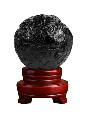 天然黑曜石龙珠摆件五行缺水喜水青龙原石雕刻水晶球摆设家居饰品