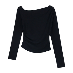 pusumede 日落赴约 黑色斜肩长袖T恤女简约露肩内搭显瘦针织上衣