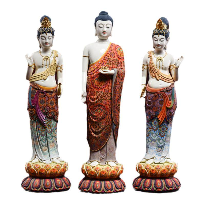 戴玉堂陶瓷摆件《敦煌极彩西方三圣神像》林建平佛像客厅艺术品