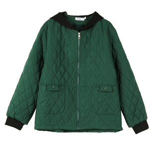 冬装新款大码连帽菱形格棉服时髦复古气质女士棉衣外套~清仓福利