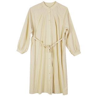 Lavinia春秋新款天丝混纺宽松A字廓形腰带立体压褶衬衫连衣裙