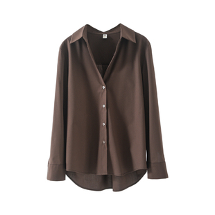 咖啡色莫代尔长袖衬衫女2026年早春新款简约纯色通勤衬衣内搭上衣