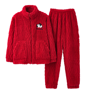 红色睡衣男士秋冬季珊瑚绒加厚拉链本命年家居服法兰绒高级感套装