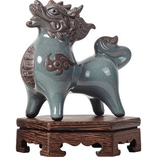 招财水火小麒麟摆件一对陶瓷吉祥瑞兽家居客厅办公室桌面装饰摆设