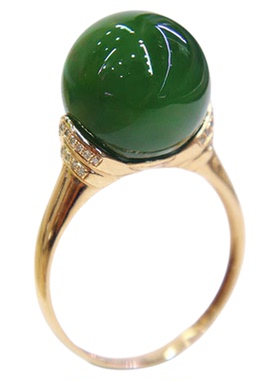 五一劳动节天然和田玉戒指女菠菜绿碧玉圆珠镶18k金指环送老婆