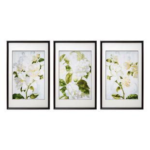 精品轻奢风格三联副圣洁玉兰花纯手工苏绣刺绣沙发背景客厅装饰画