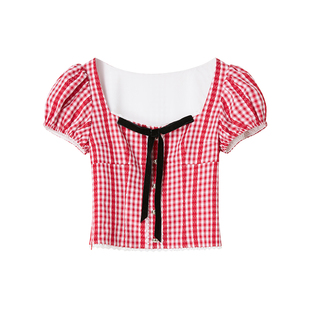 【古董店的浆果糖】Uena红色格纹蕾丝花边蝴蝶结方领泡泡短袖衬衫