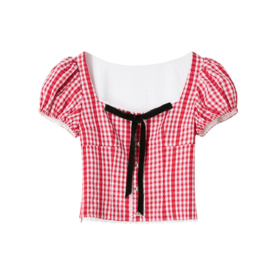 Uena红色格纹方领泡泡短袖衬衫