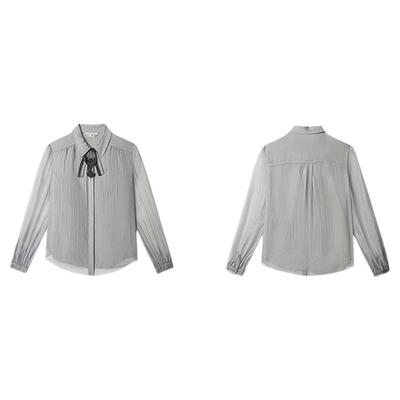 PIT复古灰色翻领肌理感长袖衬衫女2025夏轻薄透气领结衬衣上衣