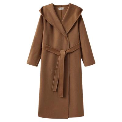 100%澳洲羊毛呢连帽系带长大衣