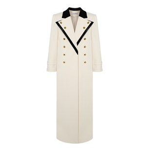 Maison Wester冬季女士米白拼黑丝绒领长款金扣大衣外套风衣上衣