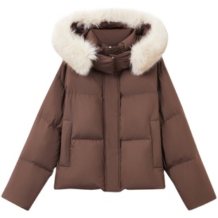 朗姿狐狸毛领霍尔多巴吉白鹅绒短款连帽外套女冬季新款羽绒服