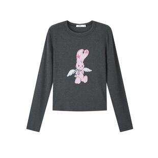 三福长袖上衣女2026新款春季街潮个性兔子印花修身t恤女装517443