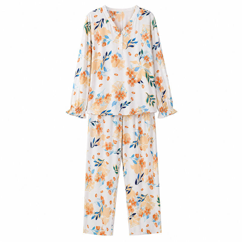 夏季棉绸睡衣女款套装长袖长裤V睡衣/家居服套装