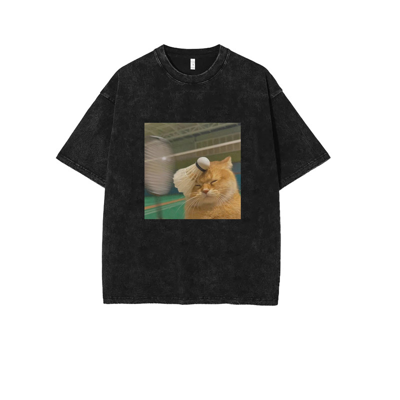 趣味猫猫打羽毛球卡通美式直喷印花创意T恤做旧水洗纯棉男装短袖