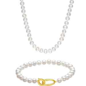 周六福珍珠手链女淡水珍珠项链套装项链优雅银扣子手串节日礼物