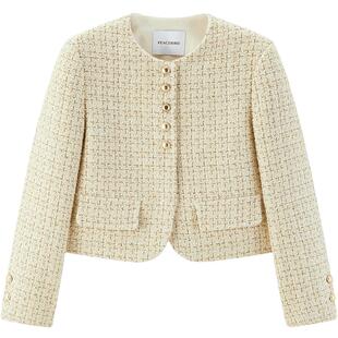 太平鸟 鎏金香槟 绵羊毛花纱2025春季新款小香风外套女短款精致