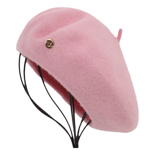 字母B金属标羊毛贝雷帽女秋冬天复古百搭气质画家帽淡粉白色帽子