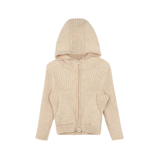 大耳象女童连帽细坑条毛衣开衫冬季新款宝儿针织保暖羊毛混纺上衣