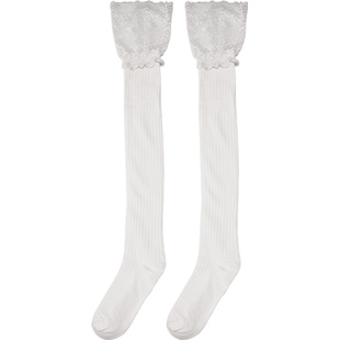配靴子的蕾丝长筒过膝袜女春秋款白色jk小腿袜ins袜子中筒lolita