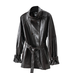 高级感油蜡小羊皮 2026春秋新款真皮皮衣女皮风衣中长款皮外套
