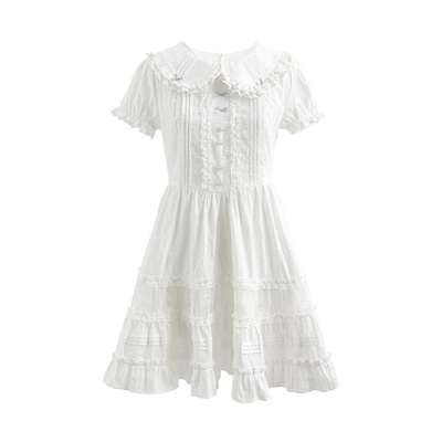 森女部落法式初恋小白裙女新款泡泡袖多层荷叶边宽松纯棉连衣裙夏