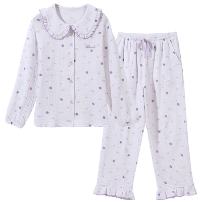 tutuanna秋冬全棉睡衣 双层纱爱心苹果满印娃娃领前扣长袖家居服