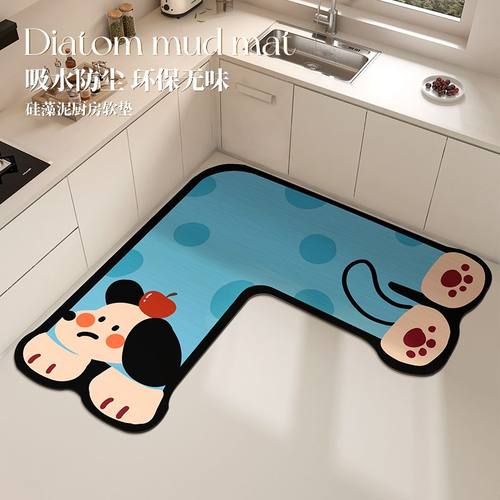 蓝色小狗厨房拐角加厚硅藻泥L型专用地垫防水防油地毯防滑脚垫子