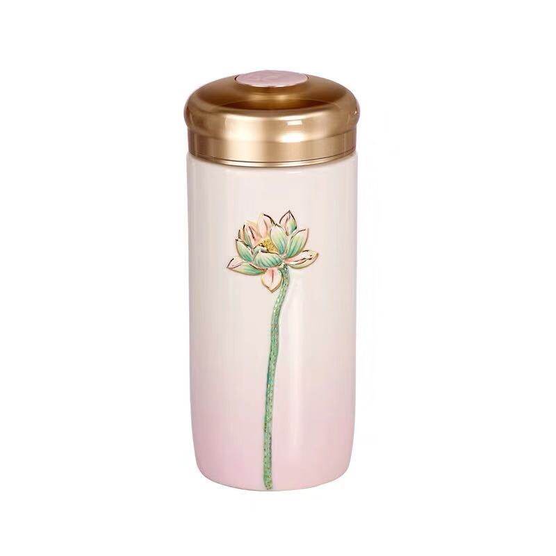 乾唐轩活瓷杯清心福莲粉红随身杯便携带盖水杯防漏礼物送朋友