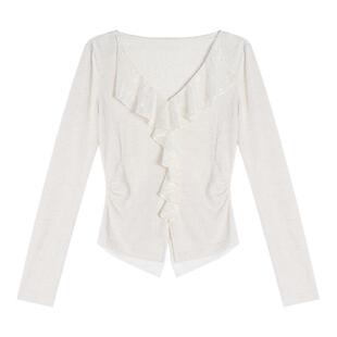 贰羊设计【清和】法式气质上衣女v领荷叶边轻薄收腰显瘦衬衣新款