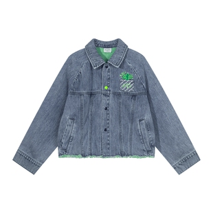 马拉丁儿童衬衫秋装新款女大童小菠萝刺绣宽松A型短牛仔外套