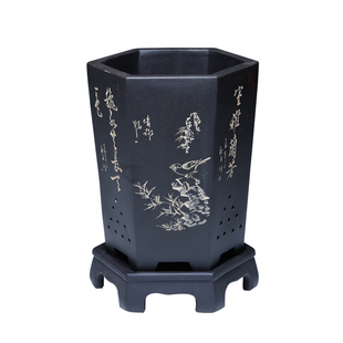宜兴精品紫砂兰花盆六角黑色高档手工兰花花盆带托盘透气专用盆