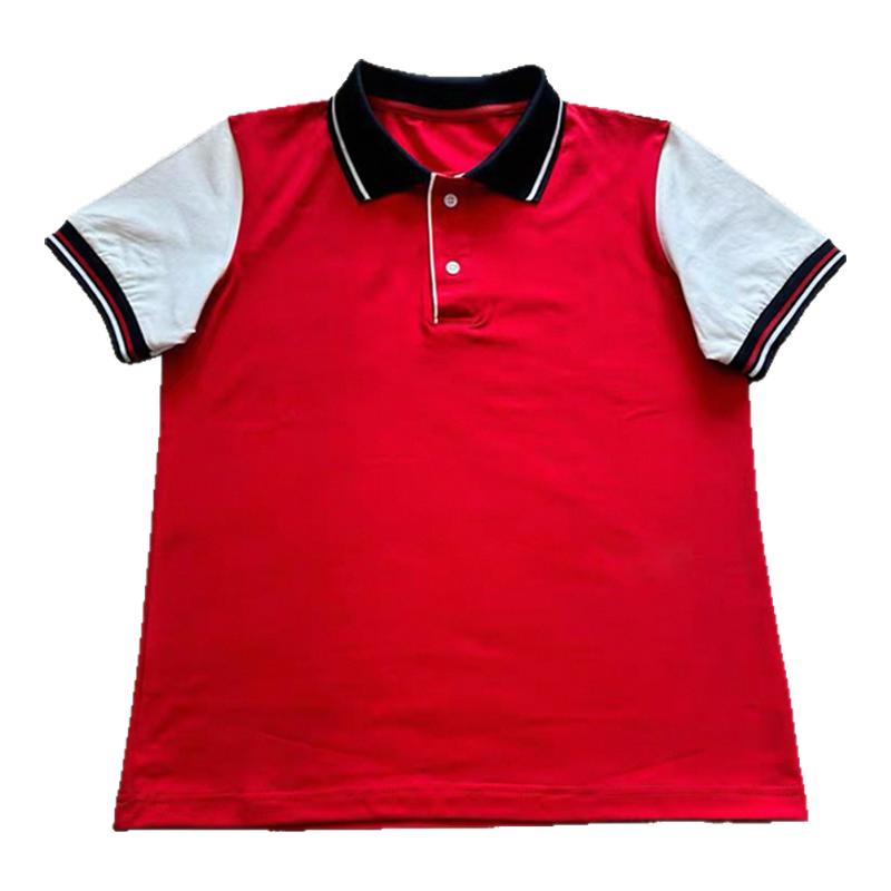 校服红色上衣拼接白色袖T恤短袖中小学生校服翻领休闲运动pole衫