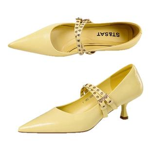 星期六黑色高跟鞋女2025年真皮尖头浅口猫跟鞋法式气质高级感单鞋