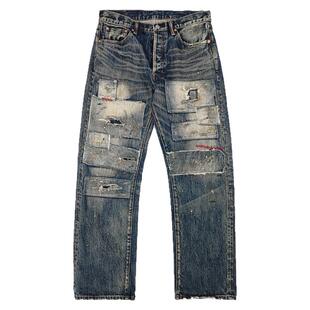 WIROTE威络 初代牛王补丁贴布 旧化洗水磨烂 宽松直筒赤耳牛仔裤