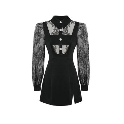 Maison Wester春季波嬉风法式宫廷风露背蕾丝拼接长袖裙子连衣裙