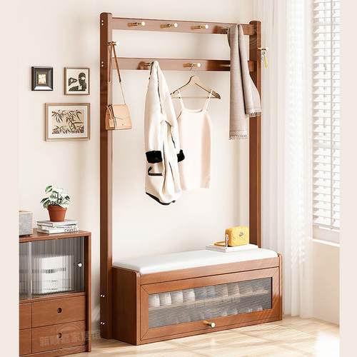 实木落地挂衣架小户型简约现代家用入户门口可坐穿鞋柜衣帽架一体