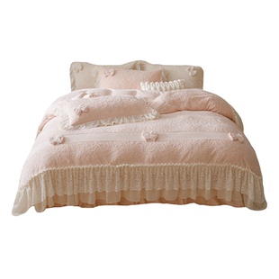 法式冬季粉色加厚牛奶绒四件套蕾丝双面毛绒被套珊瑚绒公主风床裙
