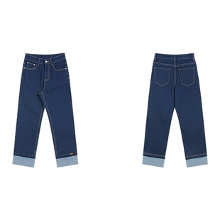 妖精的口袋复古拼接直筒牛仔裤女2025年冬季新款宽松显瘦休闲裤子