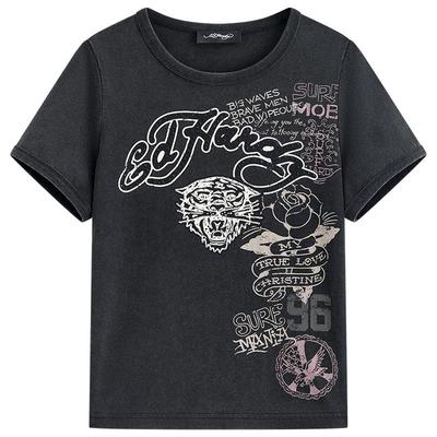 Ed Hardy埃德哈迪2025夏季新款拔印烫钻水洗复古女士短袖T恤