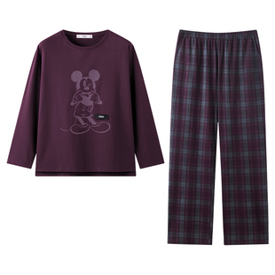 迪士尼新款睡衣女春秋季柔软棉长袖格子长裤套装可外穿大码家居服