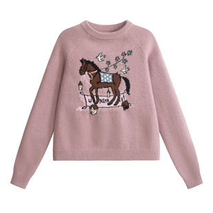 UNIFREE紫色小马提花圆领毛衣软糯慵懒风宽松加厚保暖复古针织衫