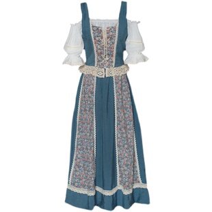 枕梦村庄《巴伐利亚的童话》复古vintage自制拼色露肩蕾丝套装夏