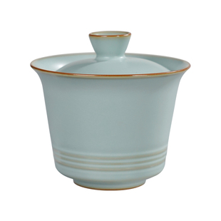 汝窑山水盖碗茶杯单个泡茶碗景德镇汝瓷三才杯手工陶瓷茶具天青色