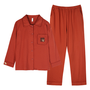 轩靓红色睡衣女纯棉春秋季薄款长袖泡泡棉新婚结婚大码家居服套装