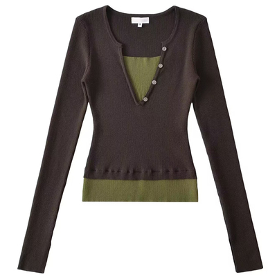 软糯拼色假两件排扣长袖针织衫女