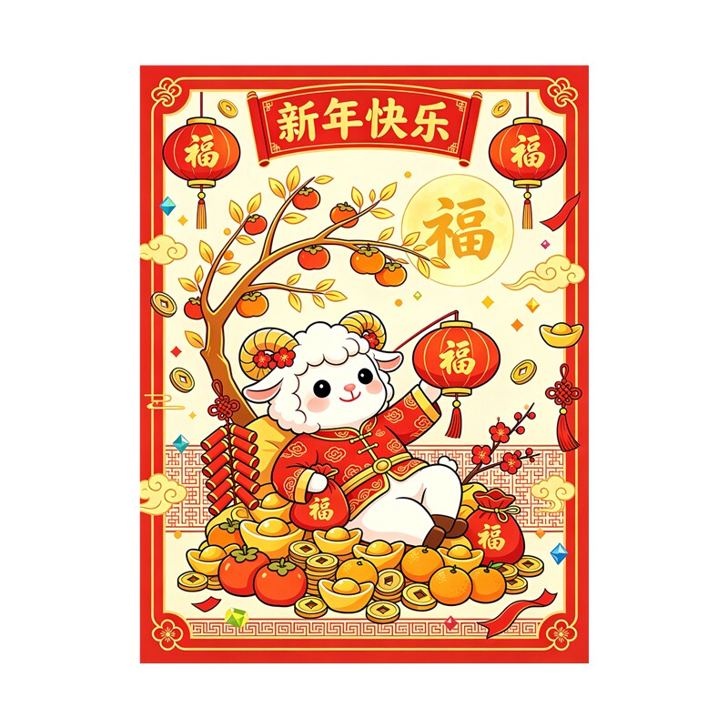 羊年新年快乐墙贴贴纸卡通小羊柿子树金元宝春节喜庆自粘防水贴纸
