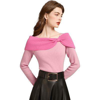 纯羊毛一字肩套头蝴蝶结上衣