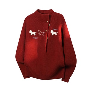 查尔斯桃心新年红色小马毛衣半高领男女冬季百搭潮流保暖针织衫