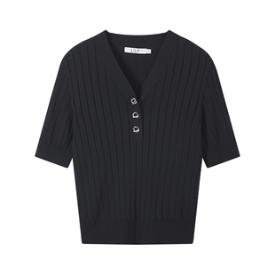 LILY2026夏季新款女装修身显瘦V领短款小上衣黑色短袖轻薄针织衫